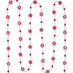 9' Red And White Peppermint Candy Beaded Christmas Garland, Unlit