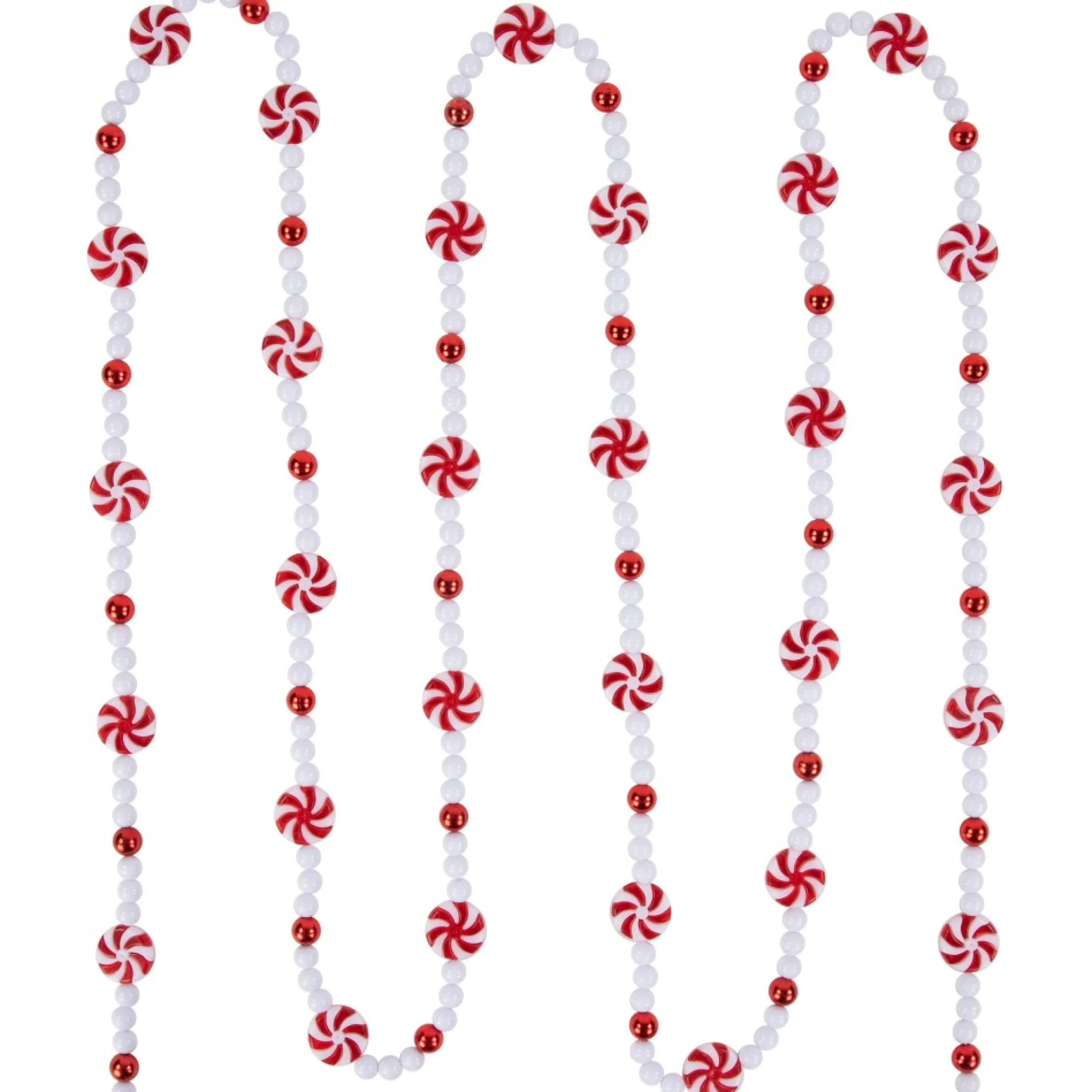 9' Red And White Peppermint Candy Beaded Christmas Garland, Unlit