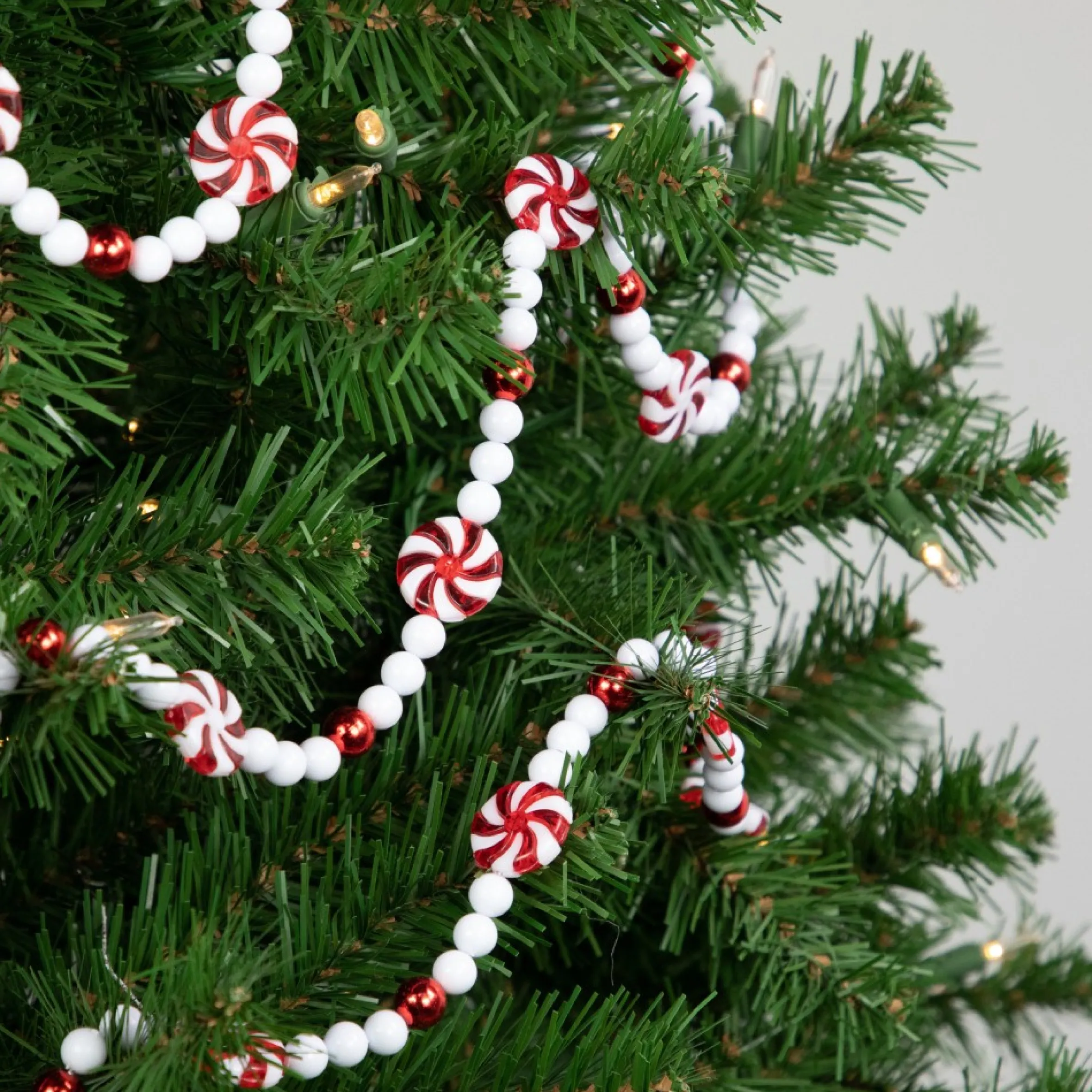 9' Red And White Peppermint Candy Beaded Christmas Garland, Unlit