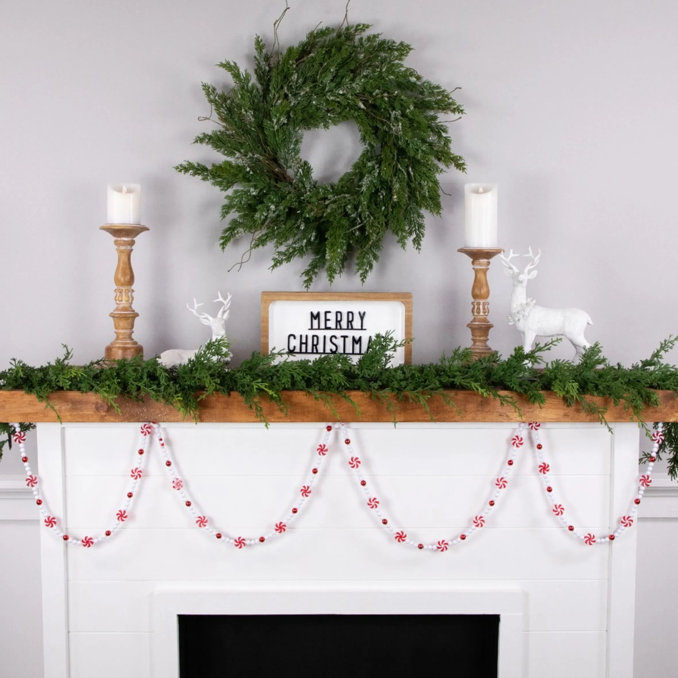 9' Red And White Peppermint Candy Beaded Christmas Garland, Unlit