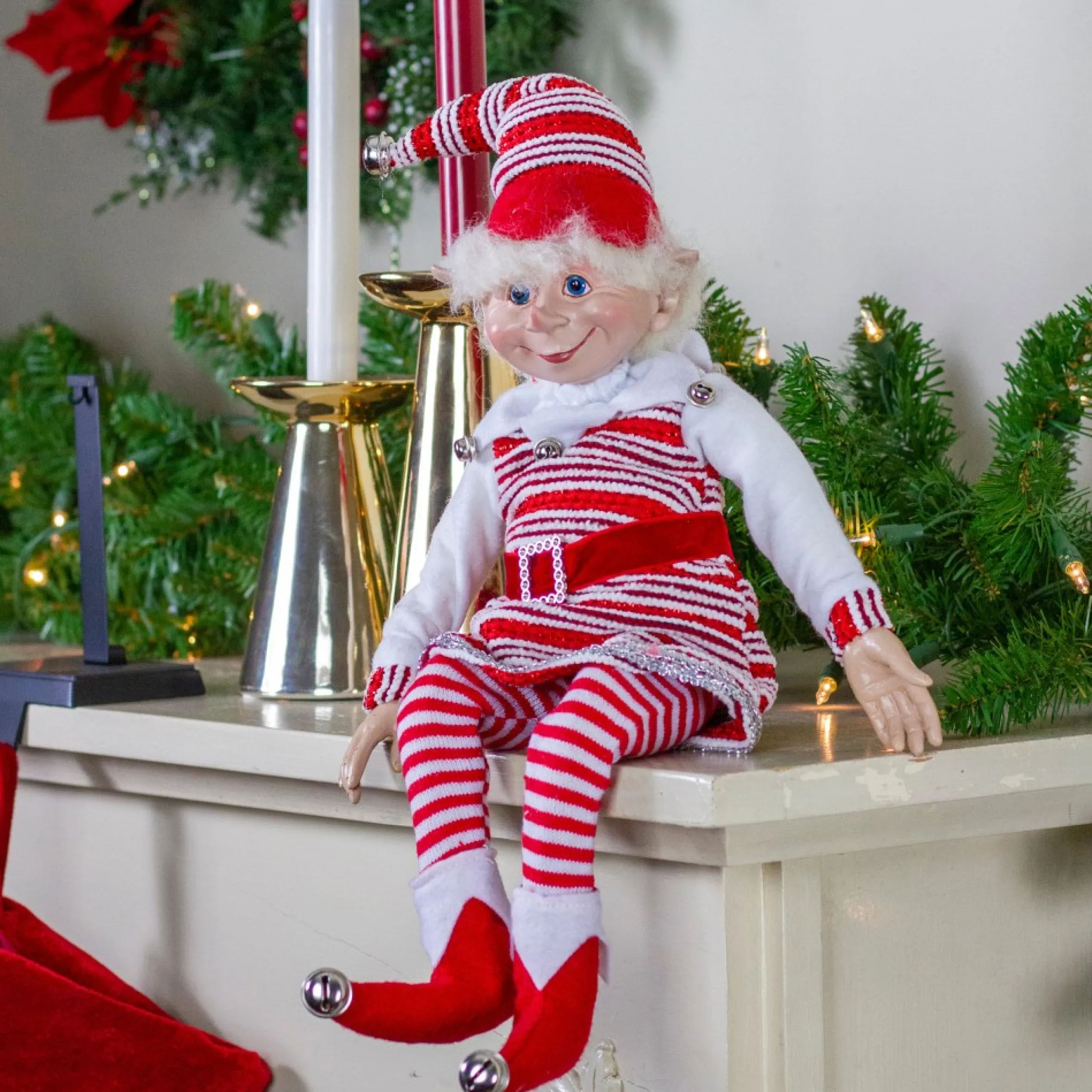 20" Red And White Peppermint Striped Elf With Jingle Bells