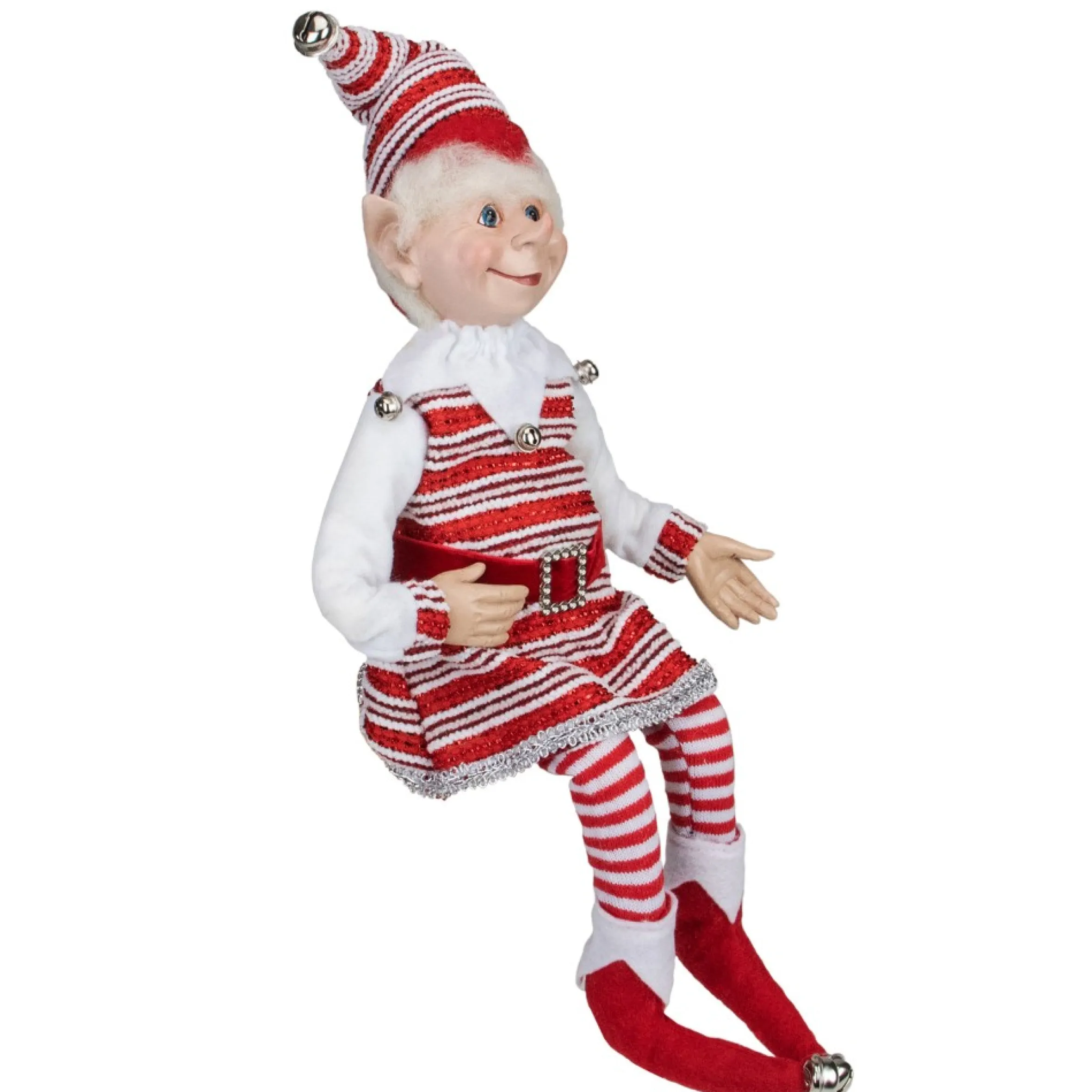 20" Red And White Peppermint Striped Elf With Jingle Bells