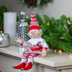 13" Red And White Peppermint Striped Elf With Jingle Bells