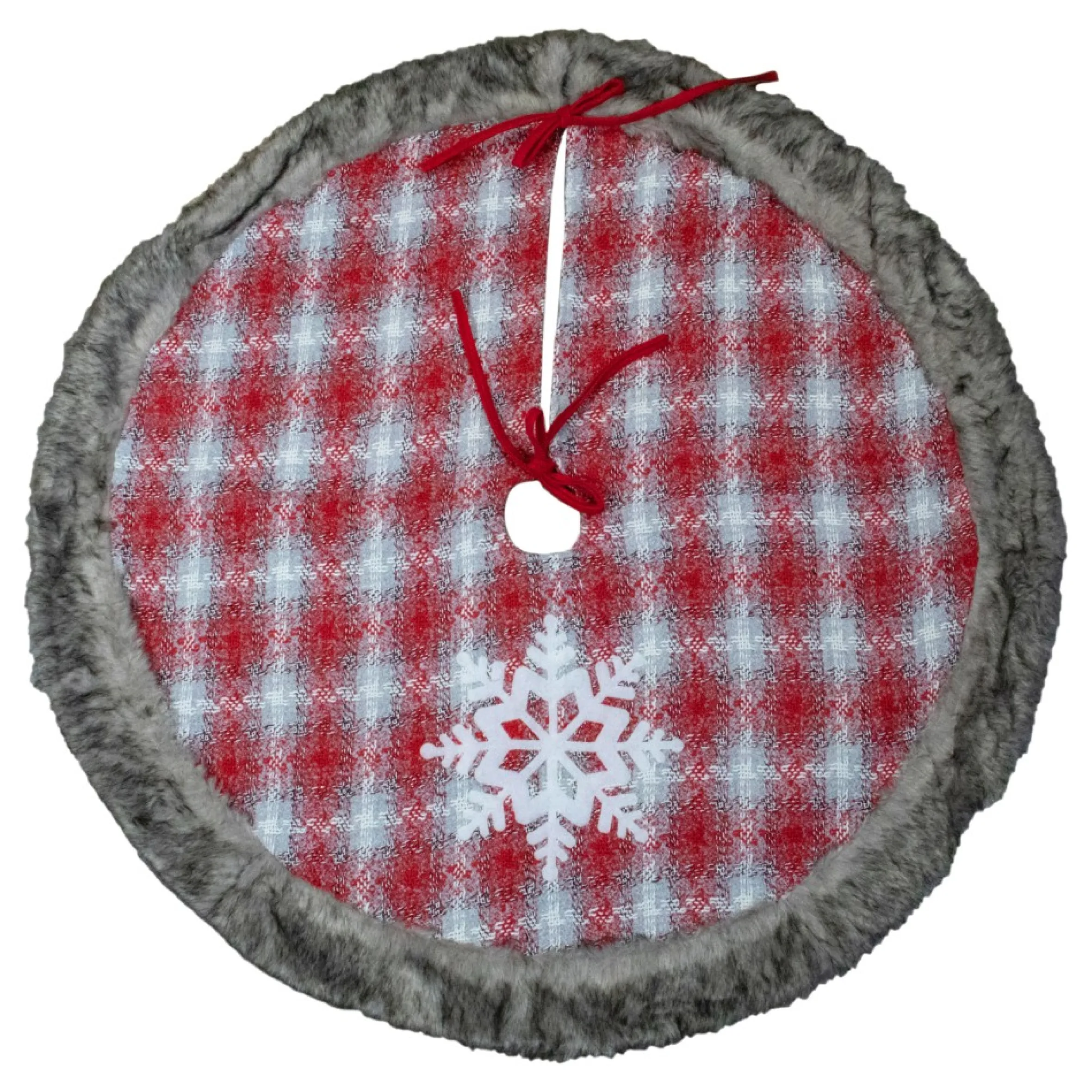 48" Red And White Plaid Christmas Tree Skirt With Snowflake