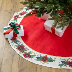 48" Red And White Poinsettia Christmas Tree Skirt