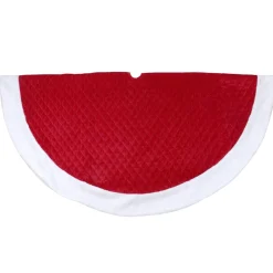 72" Red And White Quilted Christmas Tree Skirt With Faux Fur Trim