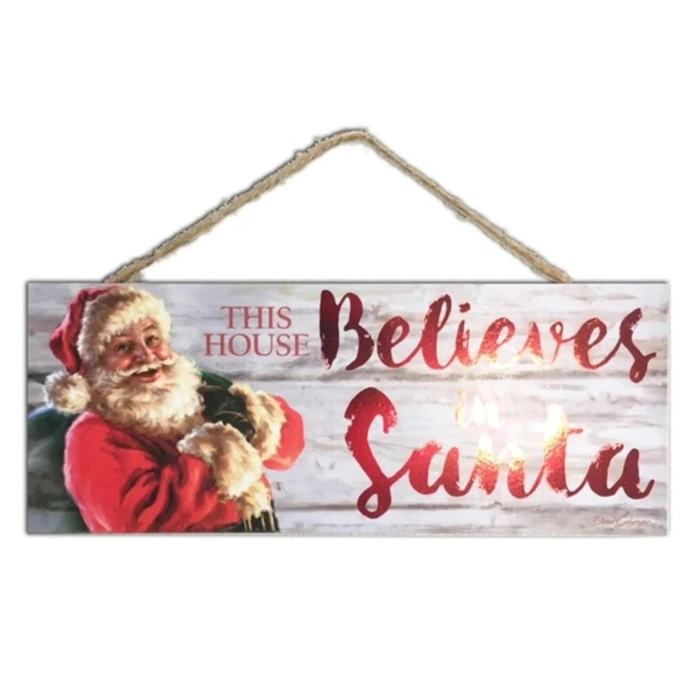 Red And White Santa Printed Rectangular Christmas Wall Sign With Rope Hanger 4" X 10"