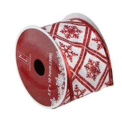 Red And White Snowflake Christmas Wired Craft Ribbon 2.5" X 10 Yards