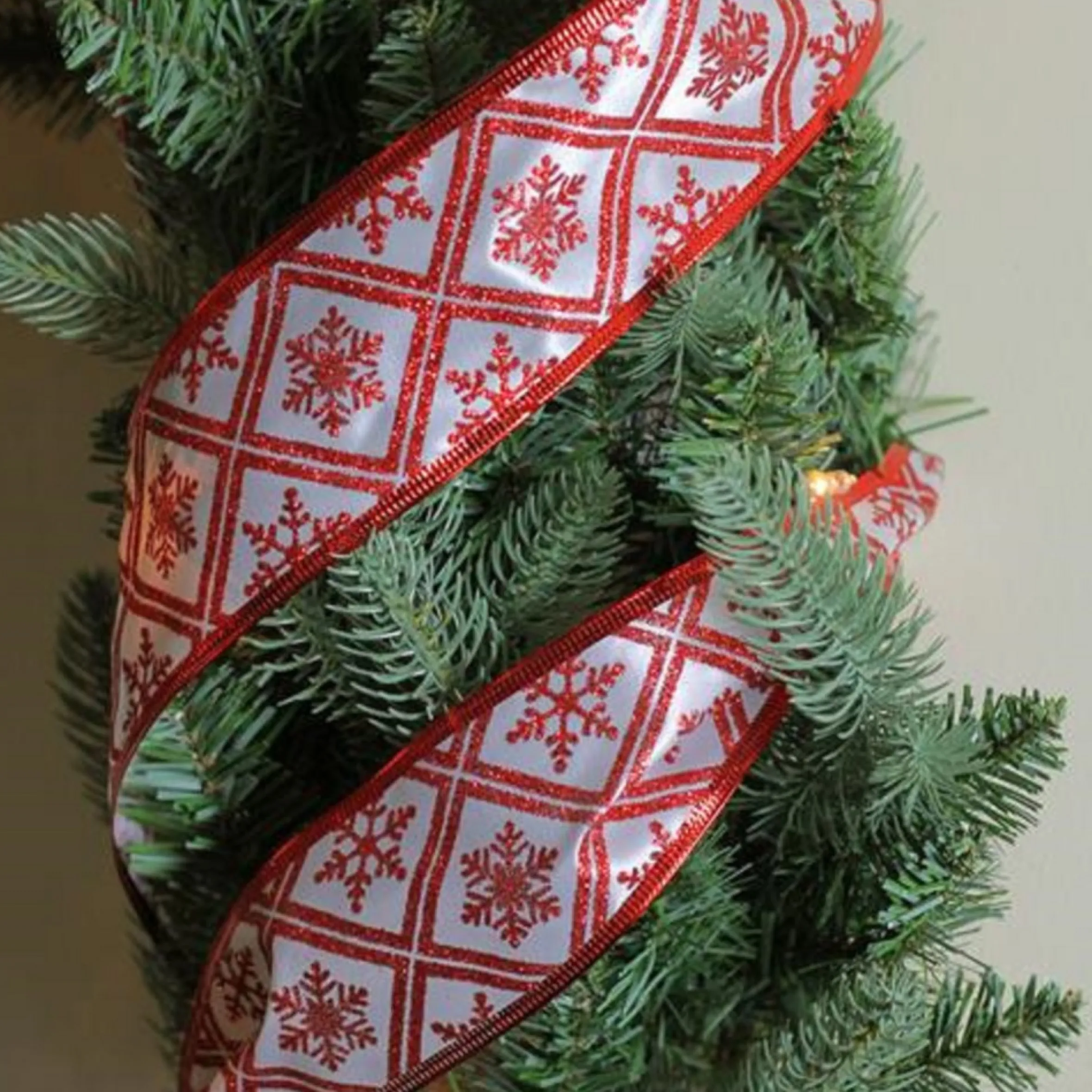 Red And White Snowflake Christmas Wired Craft Ribbon 2.5" X 10 Yards