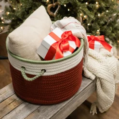 16" Red And White Striped Round Braided Christmas Basket