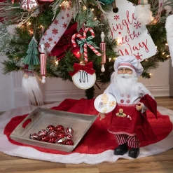 48" Red And White Velveteen Christmas Tree Skirt With White Trim