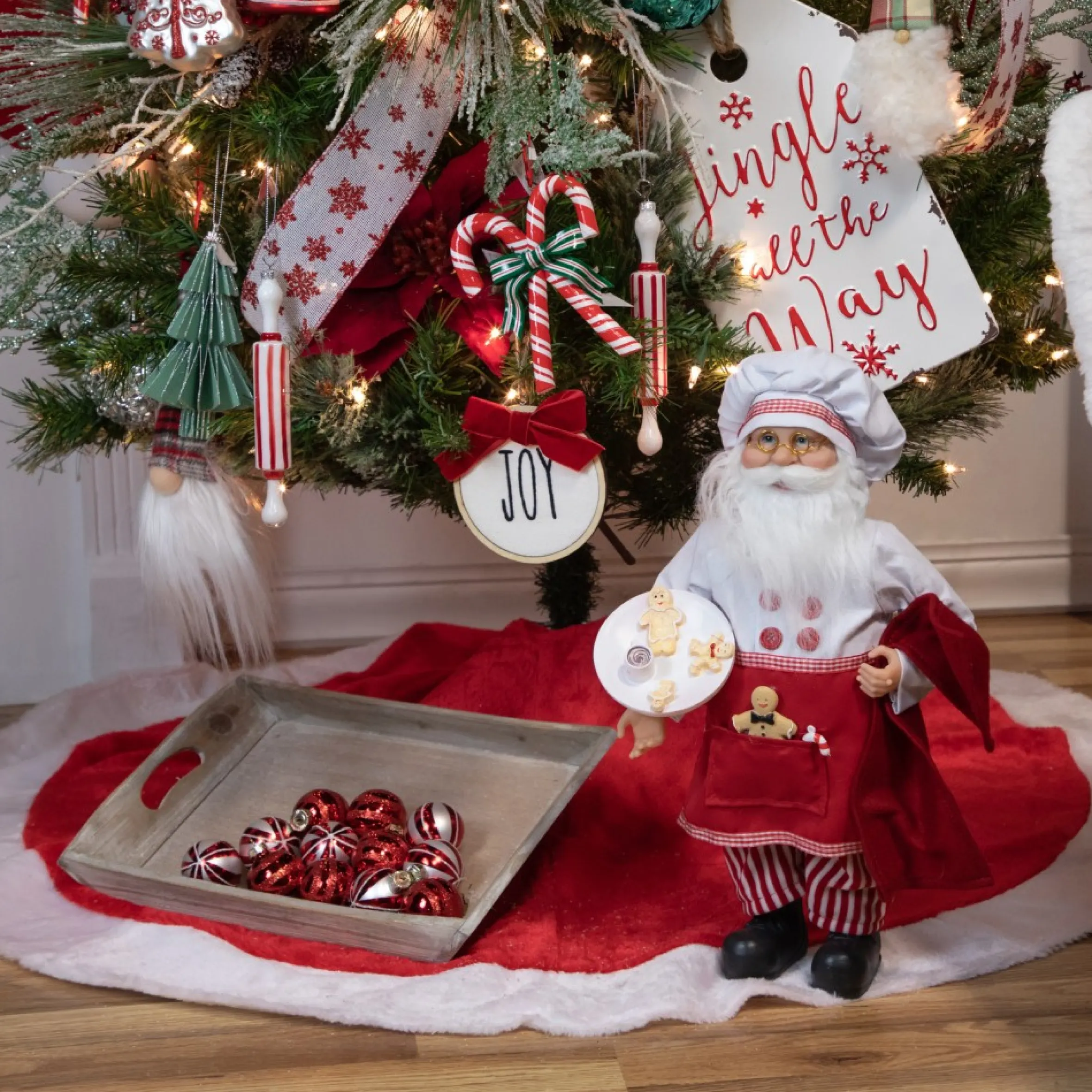 48" Red And White Velveteen Christmas Tree Skirt With White Trim