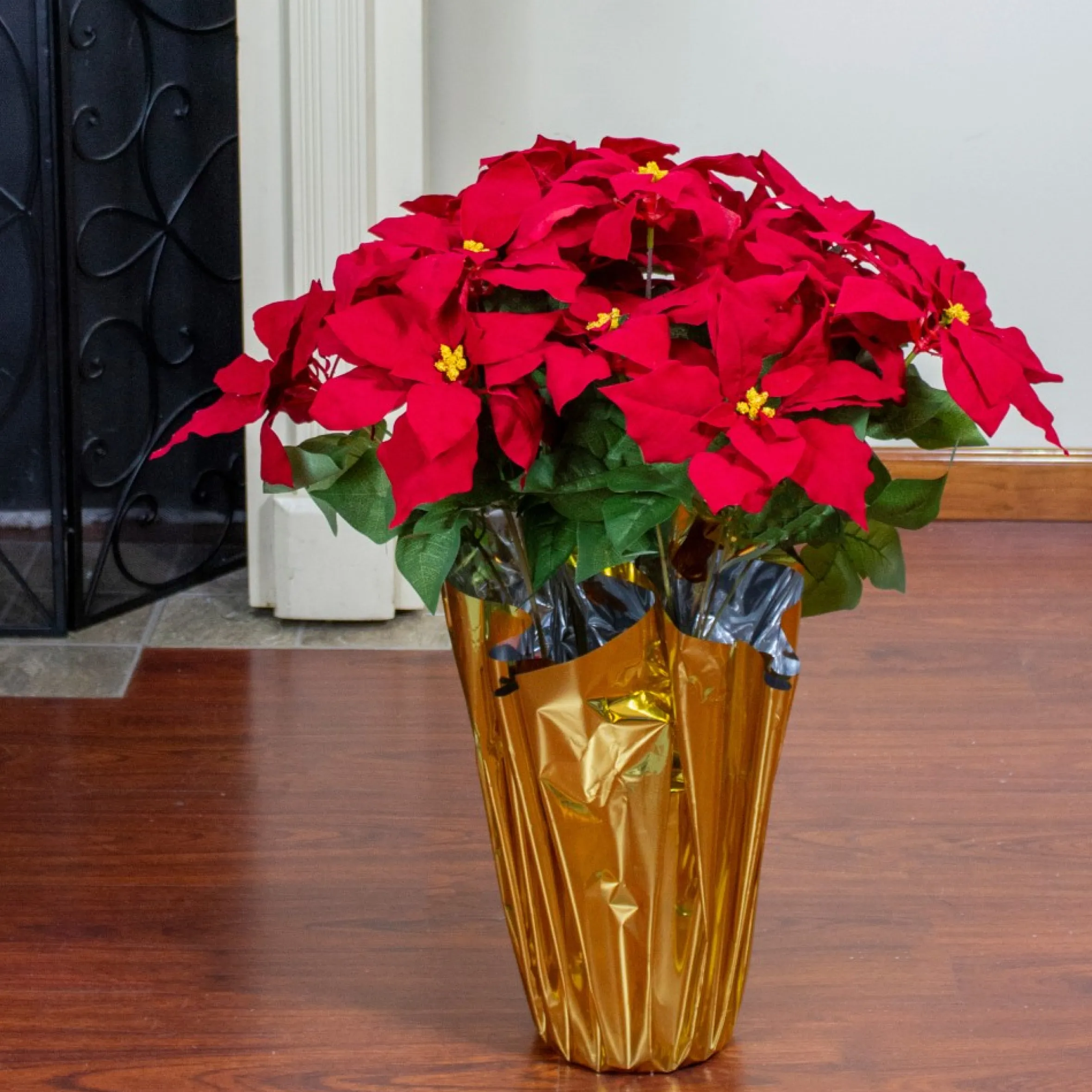 28" Red Artificial Christmas Poinsettia With Gold Wrapped Pot