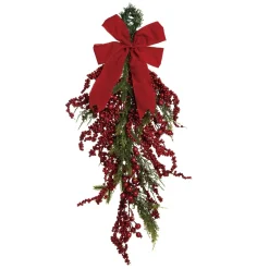 30" Red Berry And Bow Christmas Teardrop Swag, Unlit