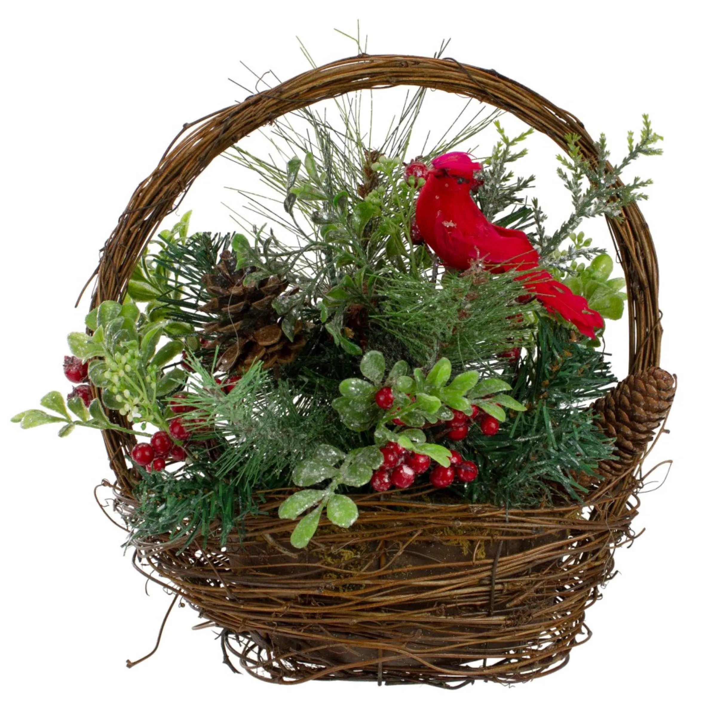 12" Red Cardinal With Winter Foliage Twig Basket Christmas Decoration