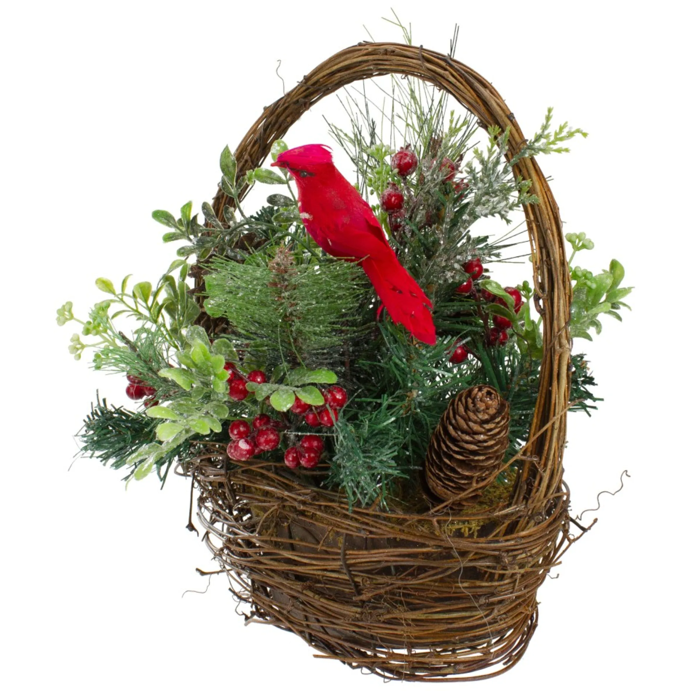 12" Red Cardinal With Winter Foliage Twig Basket Christmas Decoration