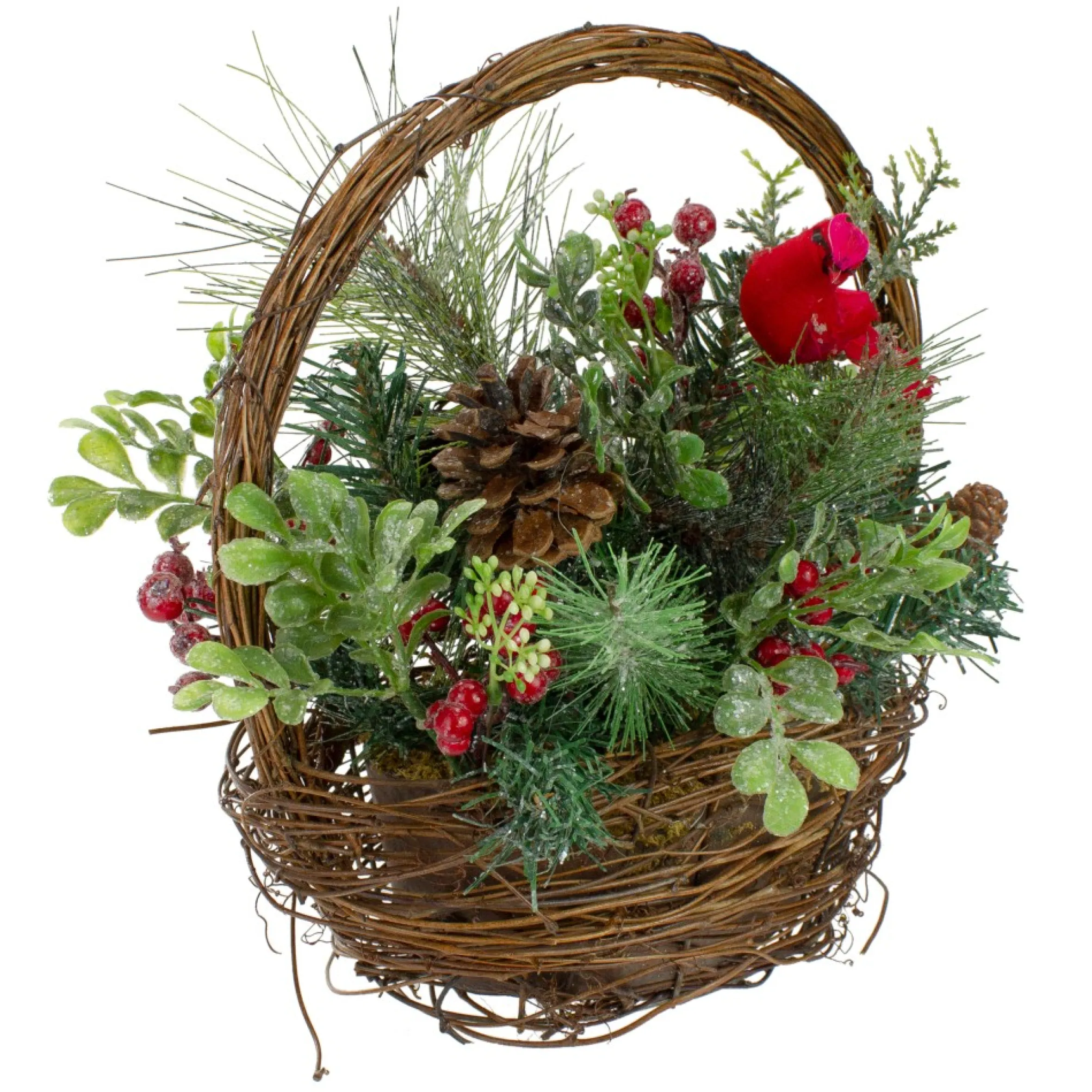 12" Red Cardinal With Winter Foliage Twig Basket Christmas Decoration