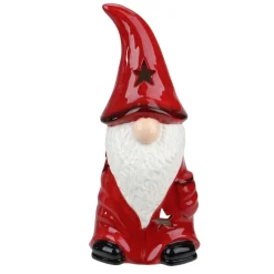 9.75 Red Ceramic Christmas Star Gnome Tealight Candle Holder