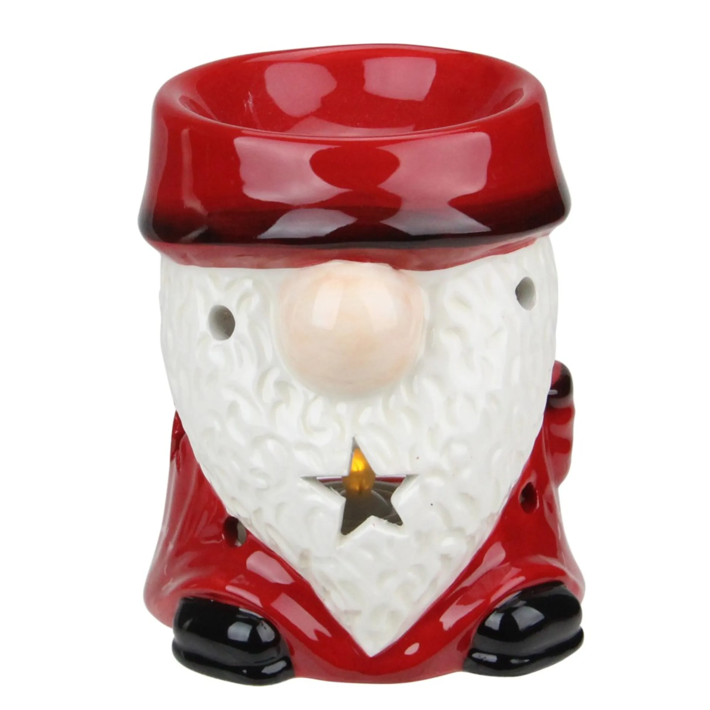 4.75 Red Ceramic Christmas Star Gnome Tealight Candle Holder