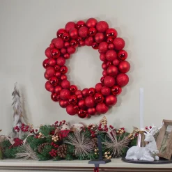 Red 3-Finish Shatterproof Ball Christmas Wreath, 36-Inch, Unlit