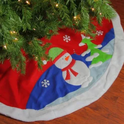 48" Red Fleece Christmas Snowman Winter Tree Skirt With White Faux Fur Trim