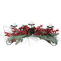 30" Red Frosted Berry And Pine Needle Christmas Candle Holder