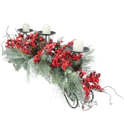 30" Red Frosted Berry And Pine Needle Christmas Candle Holder