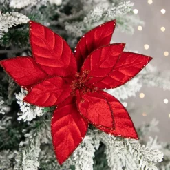 10" Red Glittered Poinsettia Christmas Floral Clip