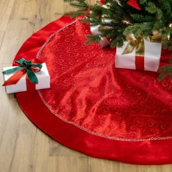 48" Red Glittered Swirl Christmas Tree Skirt