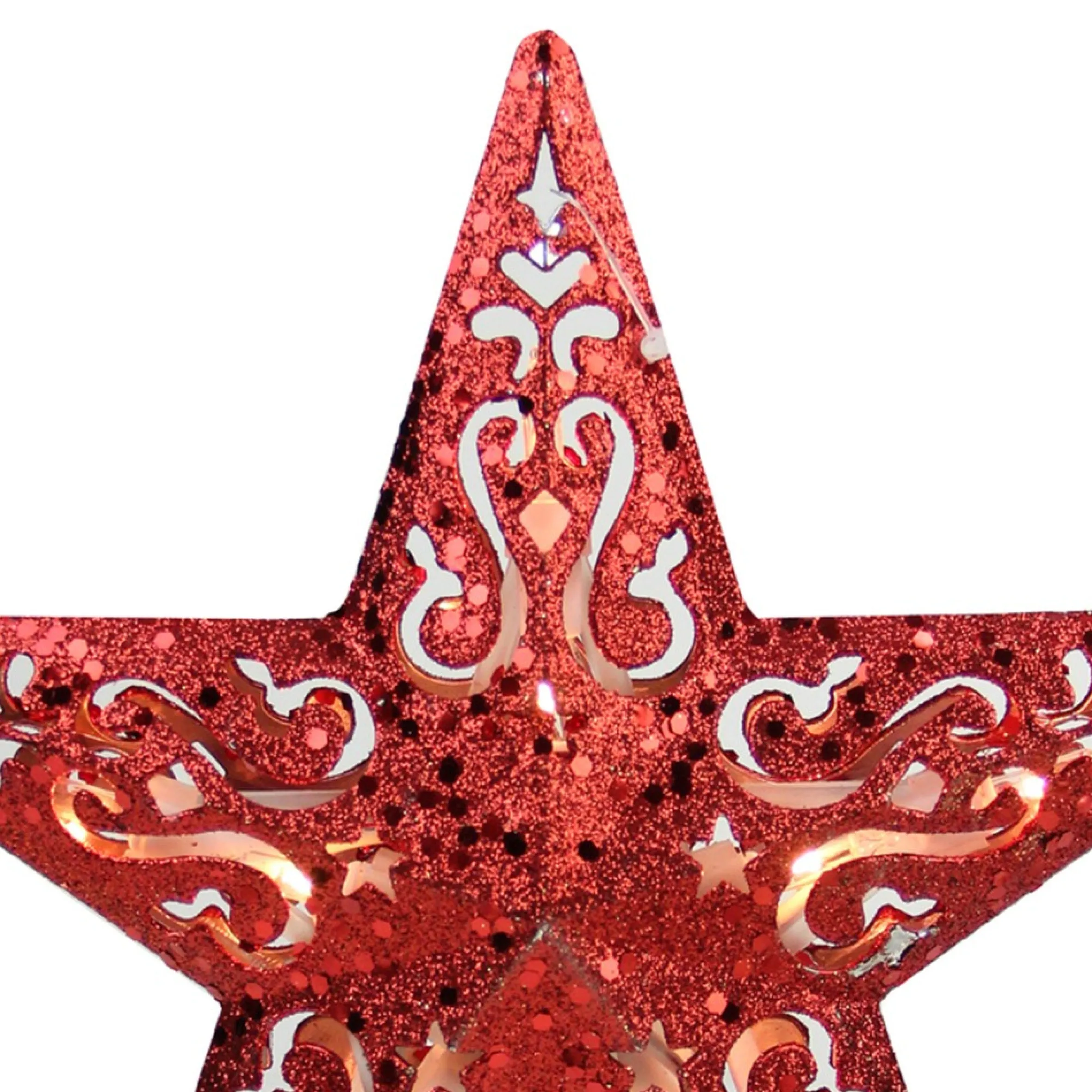 8.5" Red Glitter 5 Point Star Cut-Out Christmas Tree Topper - Clear Lights