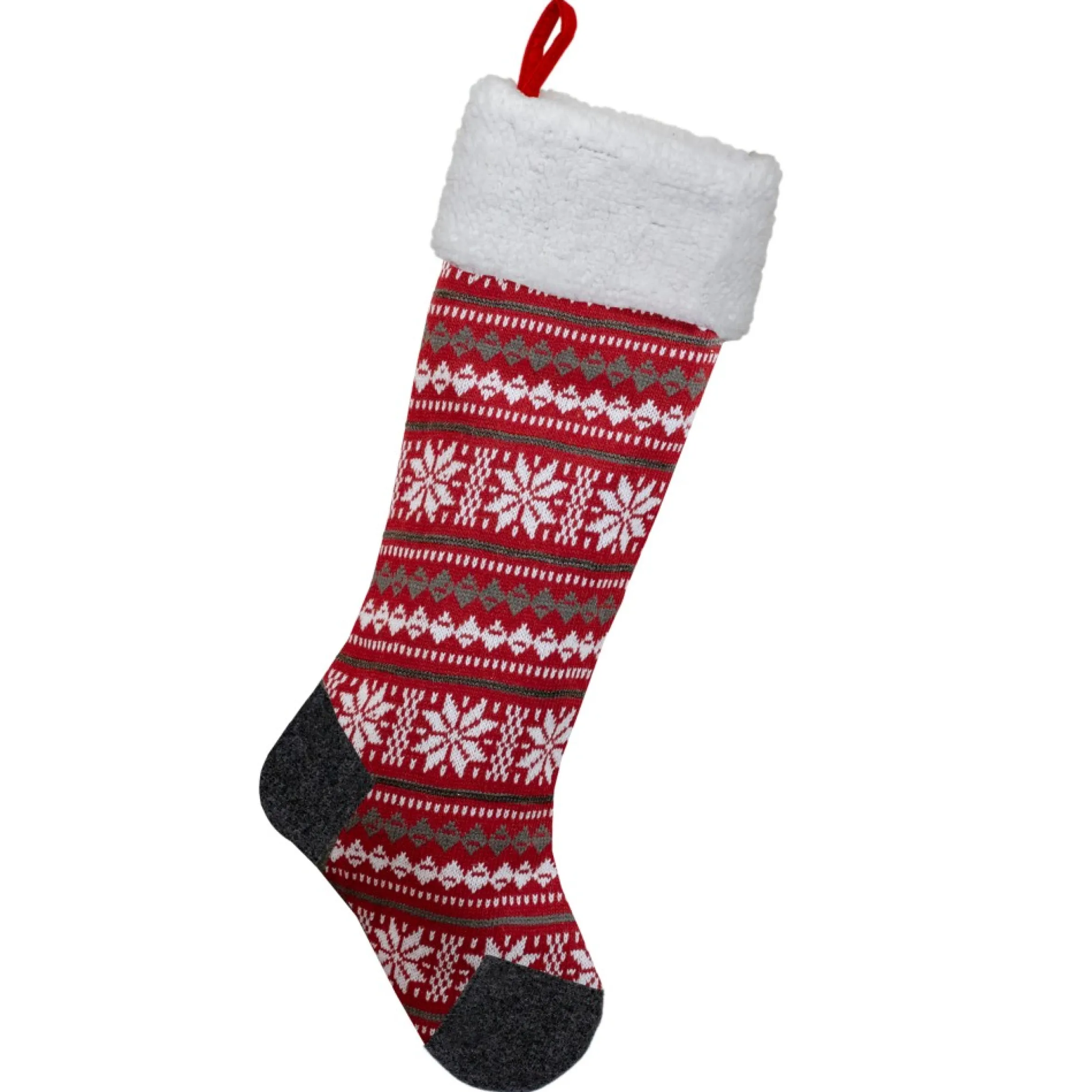 23" Red, Gray And White Knit Christmas Stocking With High Pile Fleece Cuff