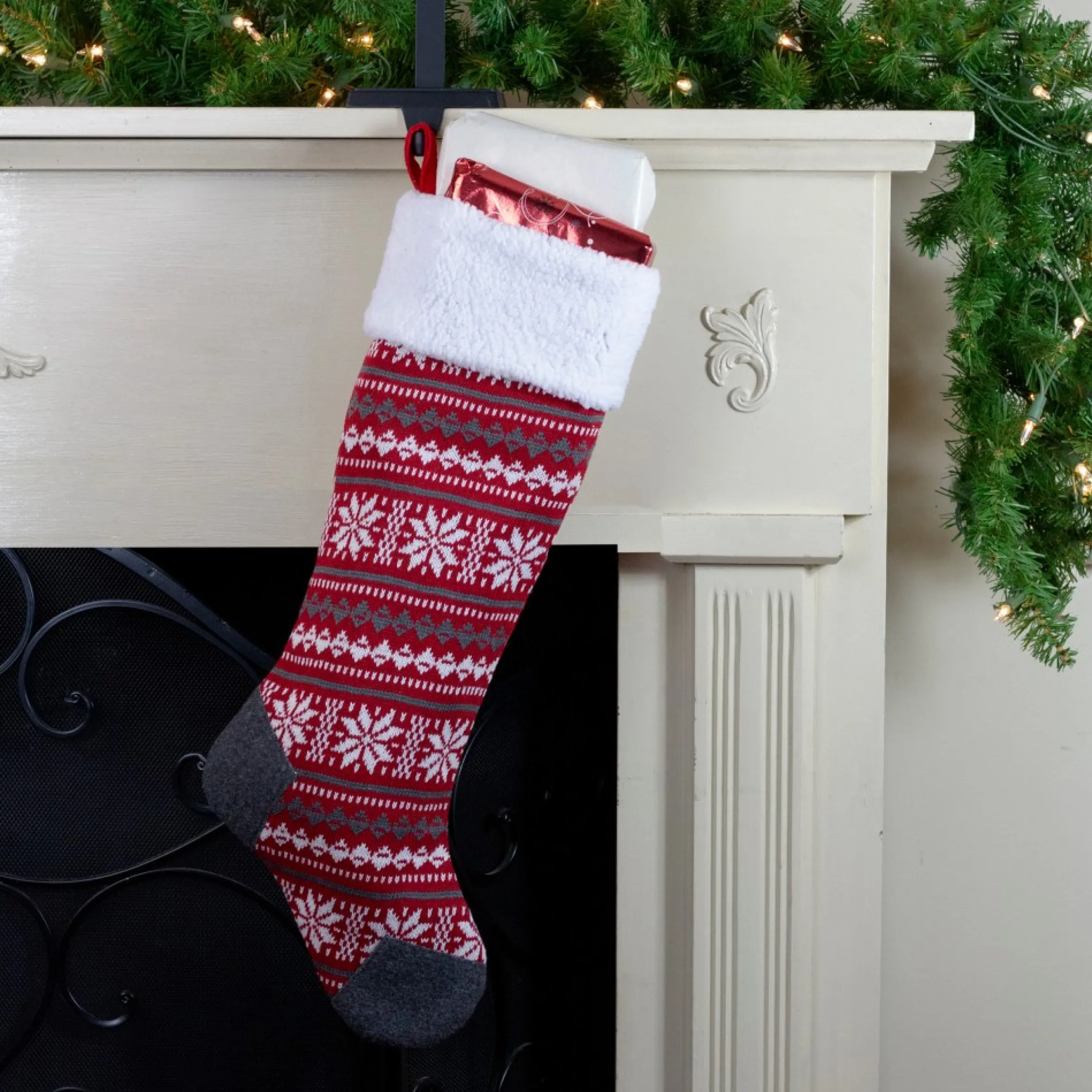 23" Red, Gray And White Knit Christmas Stocking With High Pile Fleece Cuff