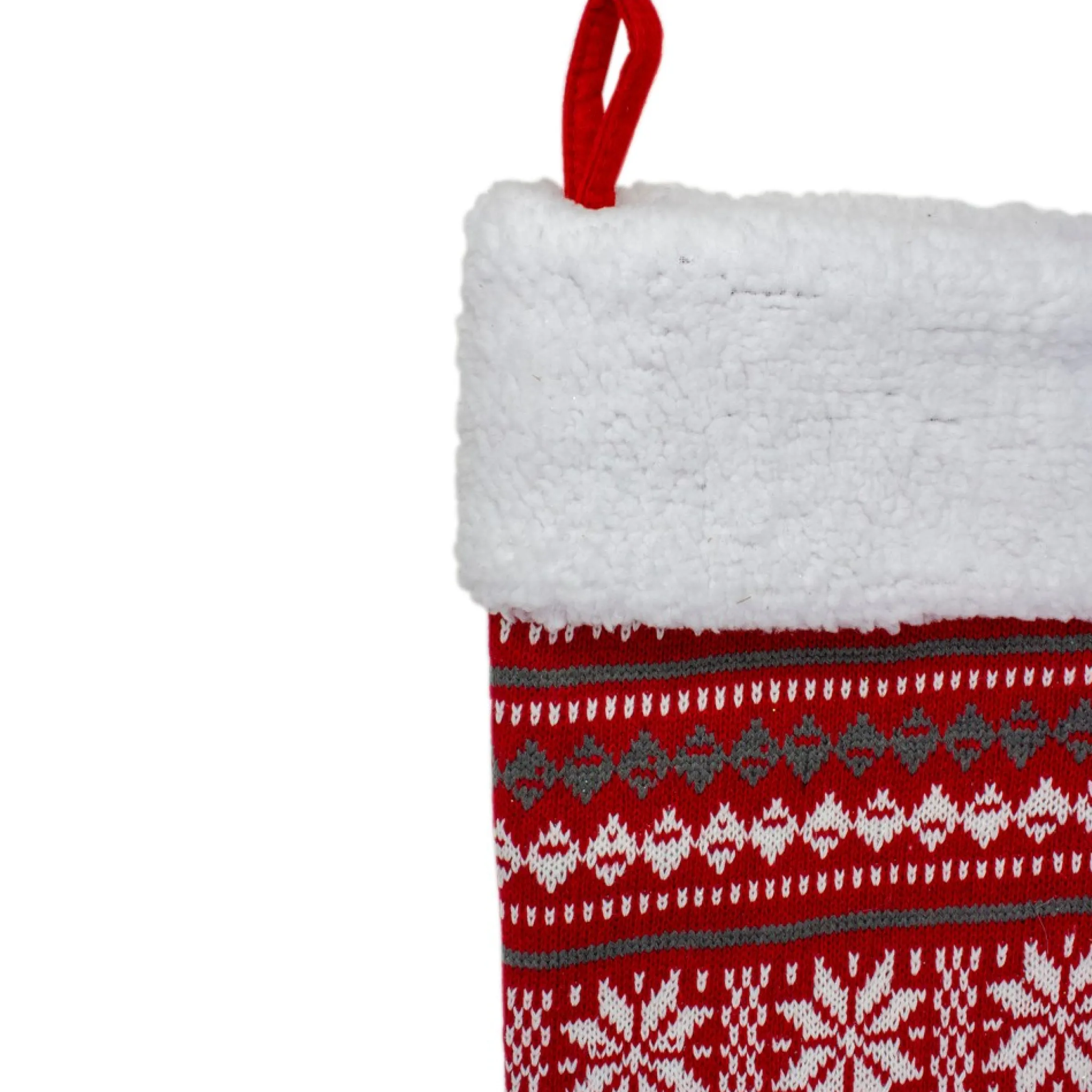 23" Red, Gray And White Knit Christmas Stocking With High Pile Fleece Cuff
