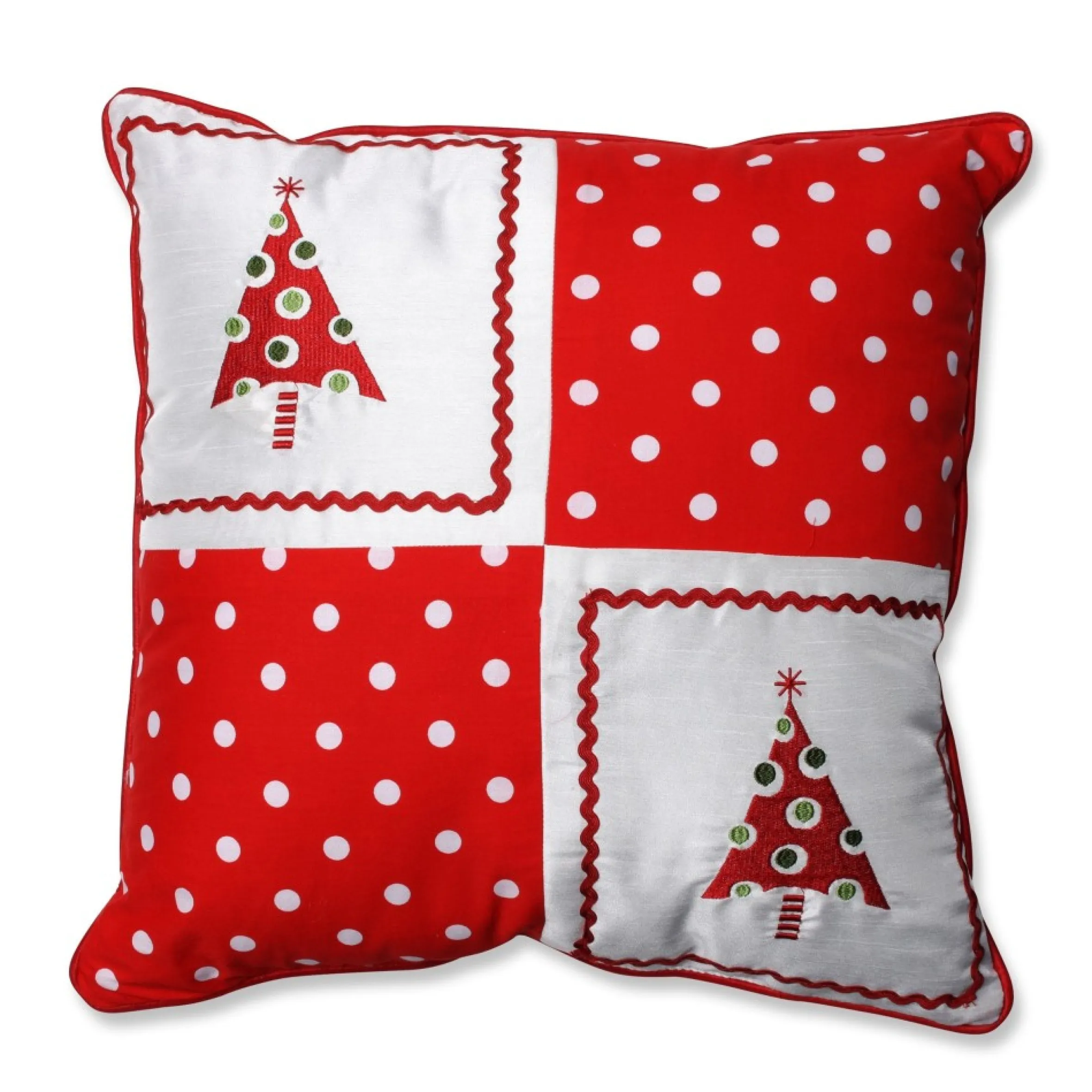 16.5" Red Holiday Pattern Christmas Tree Square Throw Pillow With Coordinating Trim