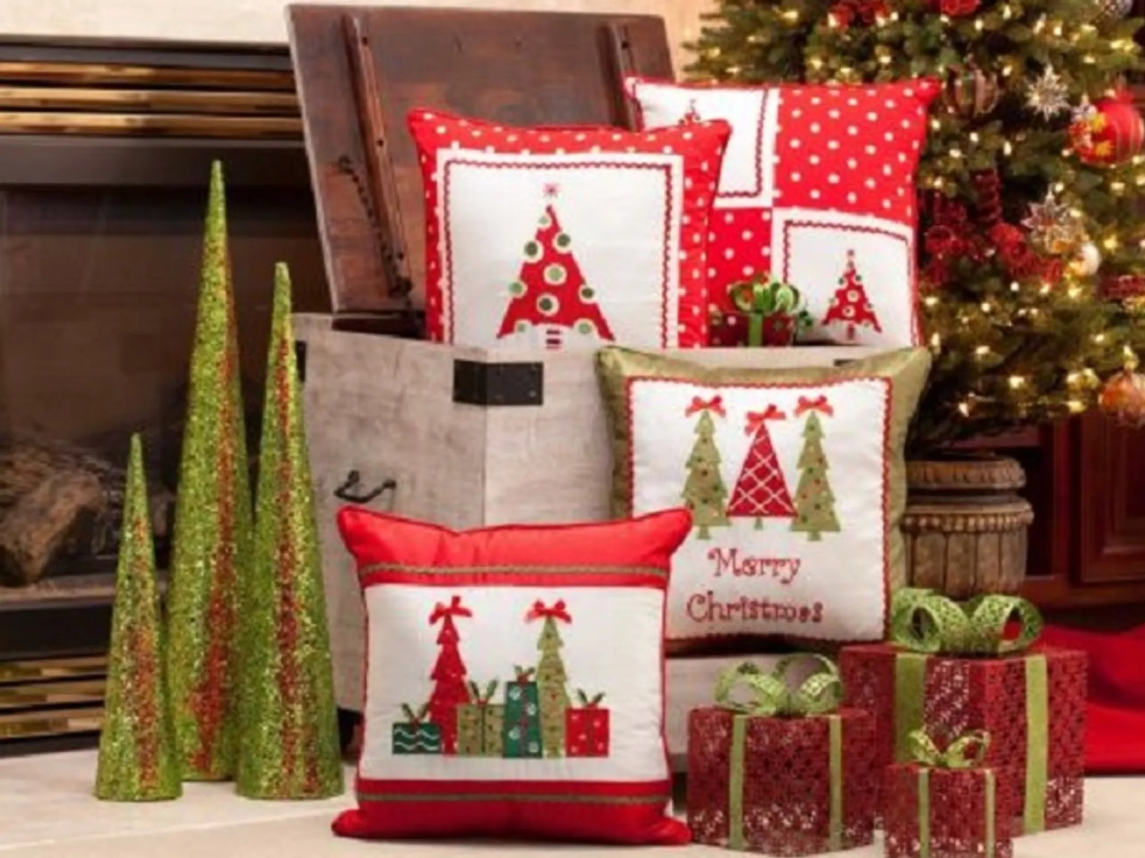 16.5" Red Holiday Pattern Christmas Tree Square Throw Pillow With Coordinating Trim