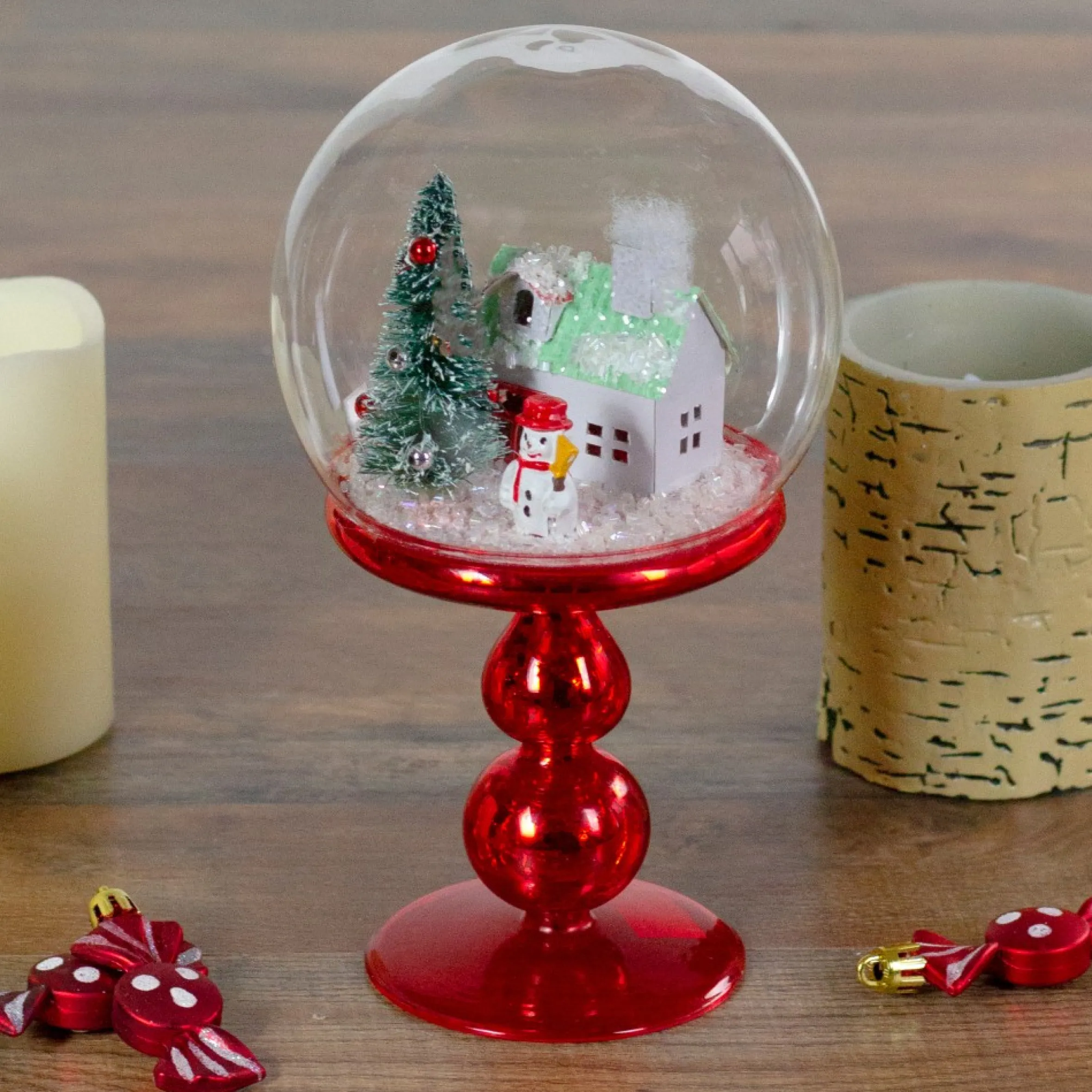8.75" Red Holiday Scene Pedestal Globe Tabletop Decoration