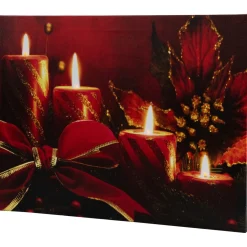 Red Led Lighted Glitter Striped Candles With Poinsettia And Bow Christmas Wall Art 12" X 15.75"