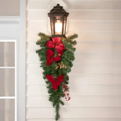 30'' Red Poinsettia And Gold Pine Cone Artificial Christmas Teardrop Swag, Unlit
