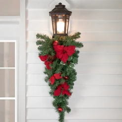 32" Red Poinsettia Pine Cone And Ball Artificial Christmas Teardrop Swag, Unlit