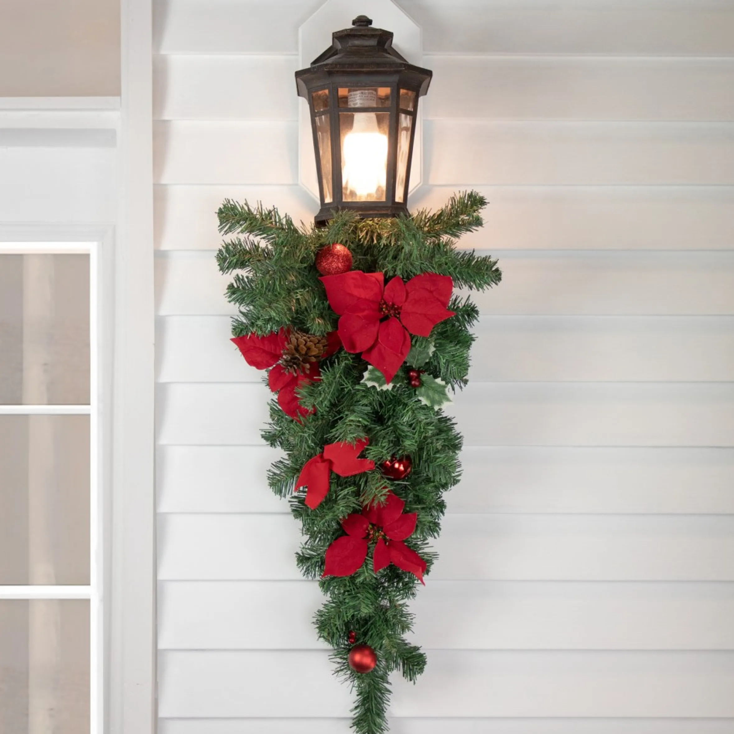 32" Red Poinsettia Pine Cone And Ball Artificial Christmas Teardrop Swag, Unlit