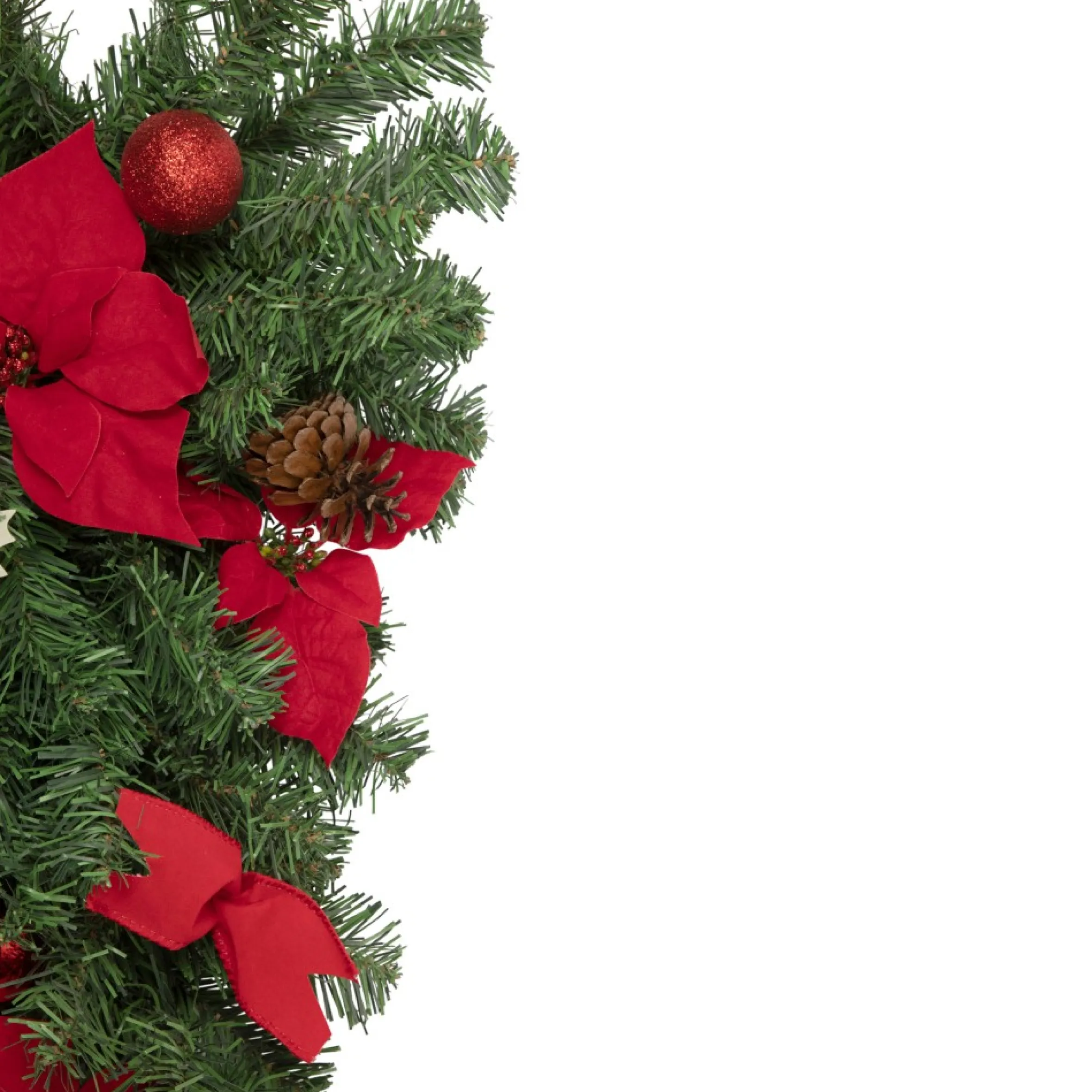 32" Red Poinsettia Pine Cone And Ball Artificial Christmas Teardrop Swag, Unlit