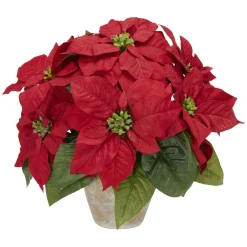 13" Red Poinsettia Silk Artificial Christmas Floral Arrangement With Ceramic Vase