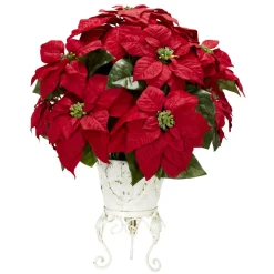 21" Red Poinsettia Silk Christmas Artificial Floral Arrangement With Planter