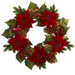 Red Poinsettias With Berries And Pinecones Artificial Christmas Wreath, 24-Inch, Unlit