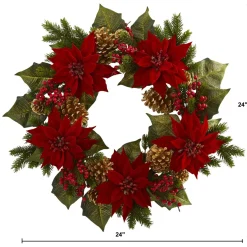 Red Poinsettias With Berries And Pinecones Artificial Christmas Wreath, 24-Inch, Unlit