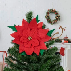 29" Red Poinsettia Tie-On Christmas Tree Topper, Unlit