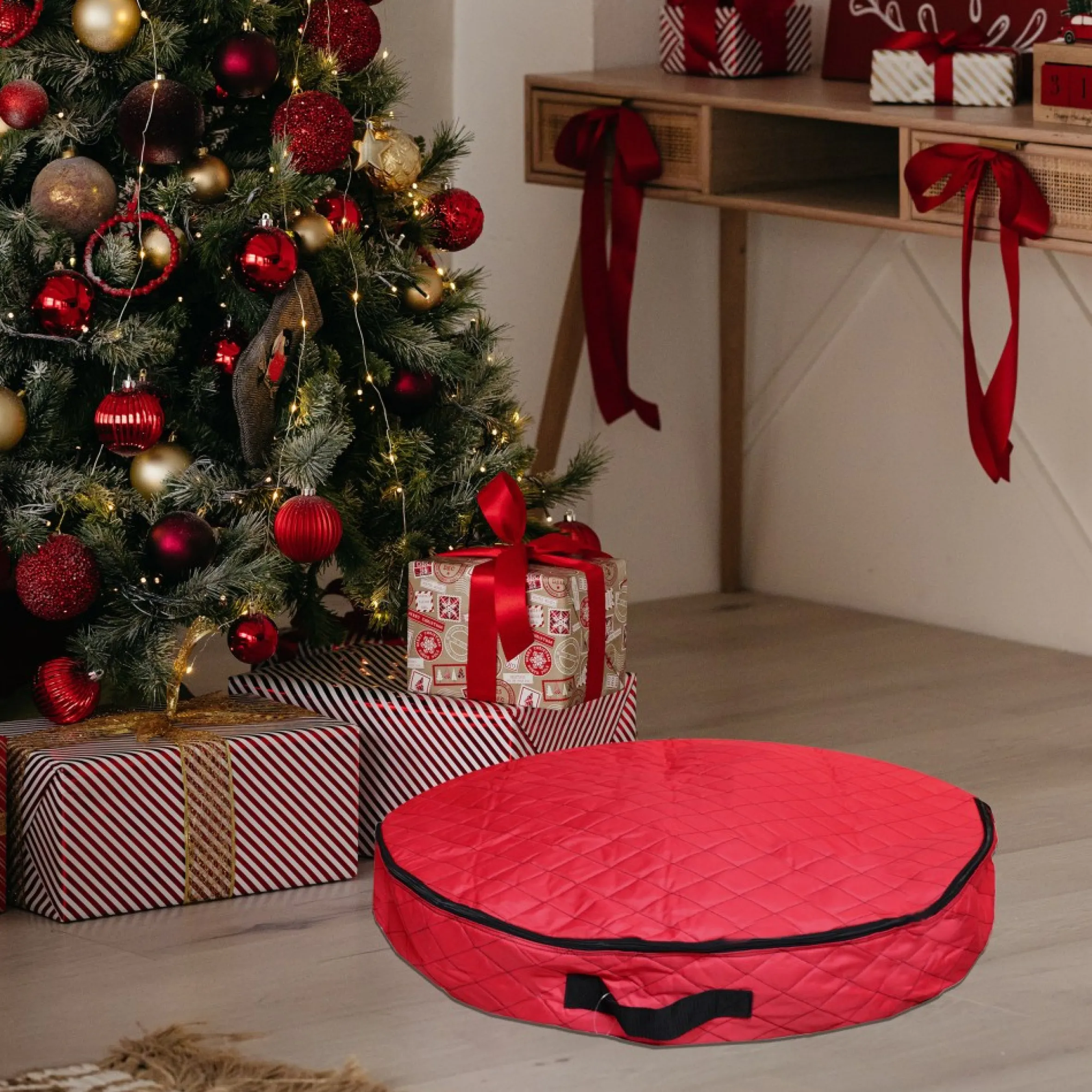 36" Red Premium Quilted Christmas Wreath Storage Bag