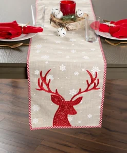 72" Red Reindeer And Snowflakes Embroidered Christmas Table Runner