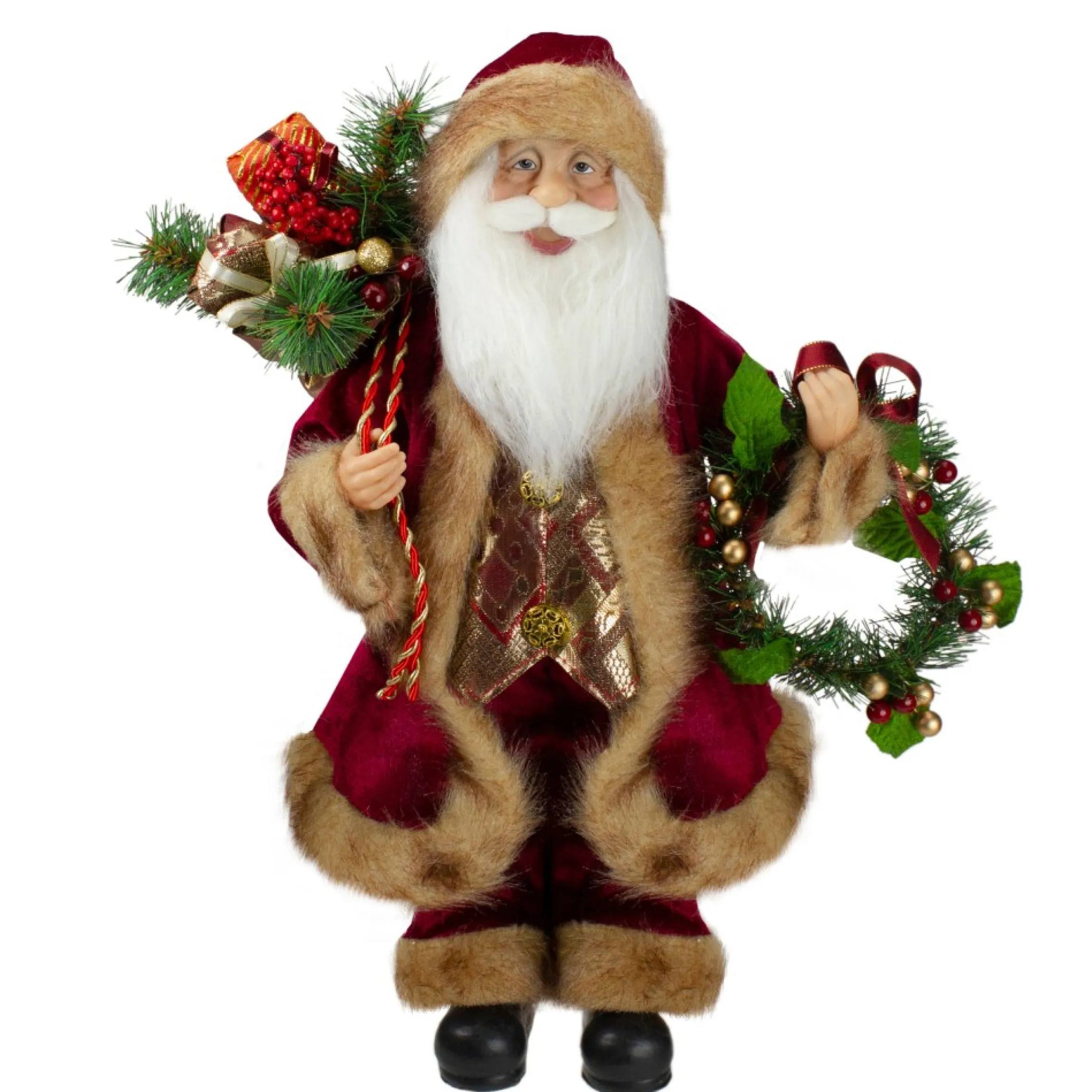 18" Red Santa Claus Holding A Wreath And Gift Bag Christmas Figurine