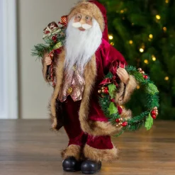 18" Red Santa Claus Holding A Wreath And Gift Bag Christmas Figurine